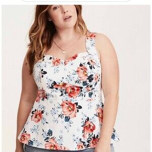 Torrid Blouse Women's 5 White Pink Floral Sleeveless Straps Sateen Peplum Tags